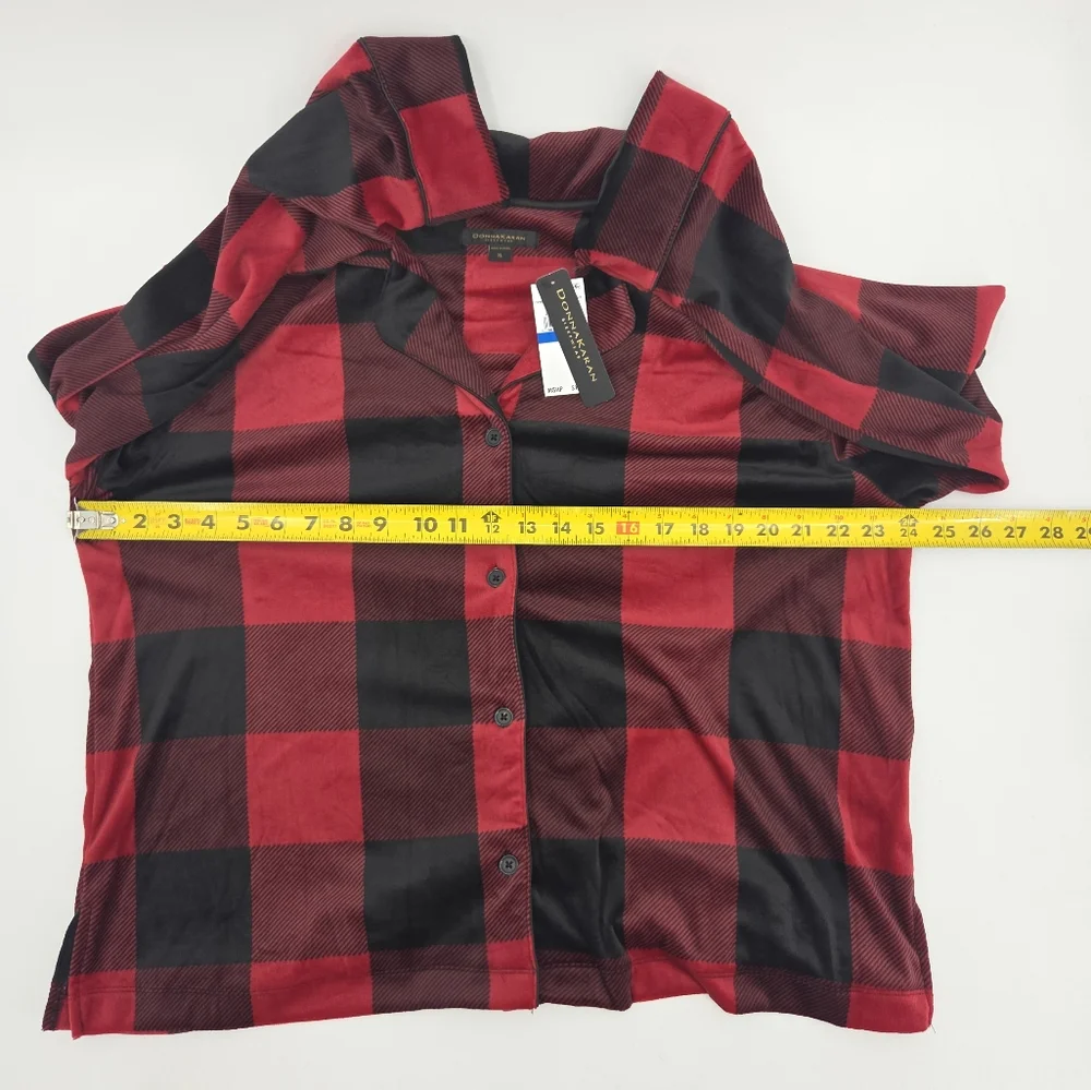 Donna Karan 2 Piece Pajamas Set  Womens Size XL Red Buffalo Plaid Velour Preppy